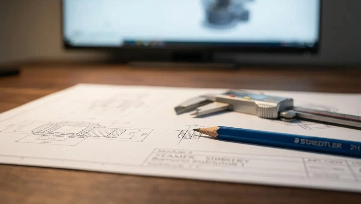 Technical engineering drawing with digital calipers and a pencil, with a CAD model of a robotic arm on a screen behind